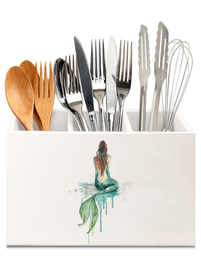 KBRCT Coastal Beach Mermaid Wooden Utensils Holder, Coastal Kitchen Decor, Watercolor Green Mermaid Wood Cooking Utensil Holder Organizer for Kitchen Countertop Counter Decor - Image 1